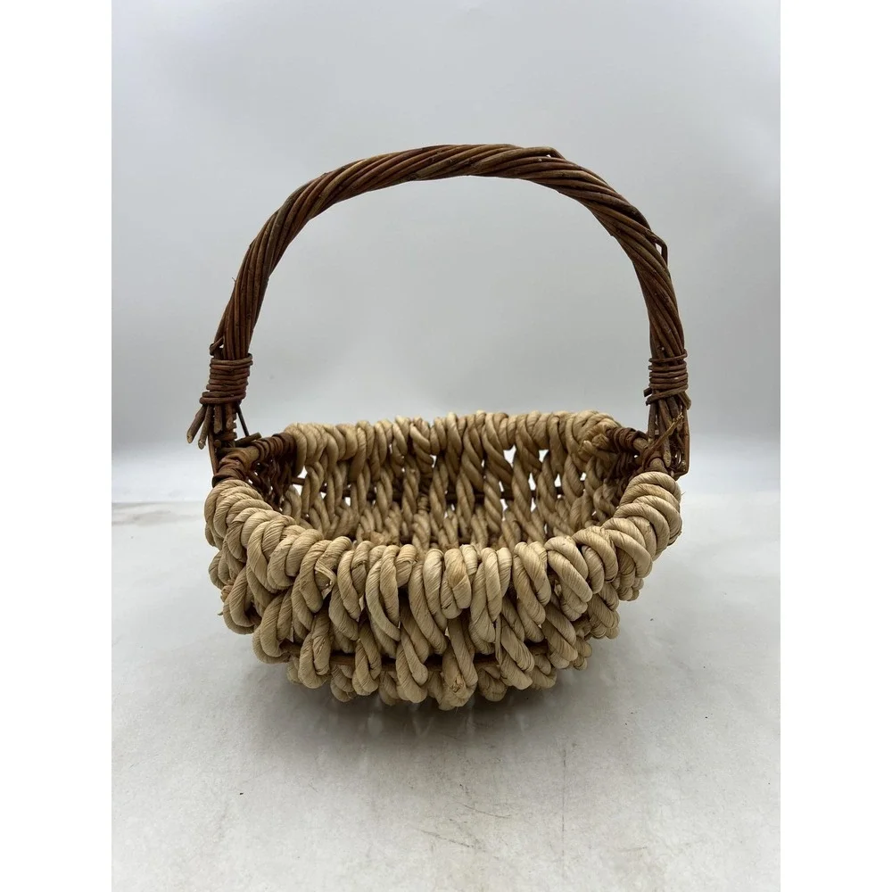 Rustic Woven Wicker and Rope Basket with Handle Natural Fiber Farmhouse Decor